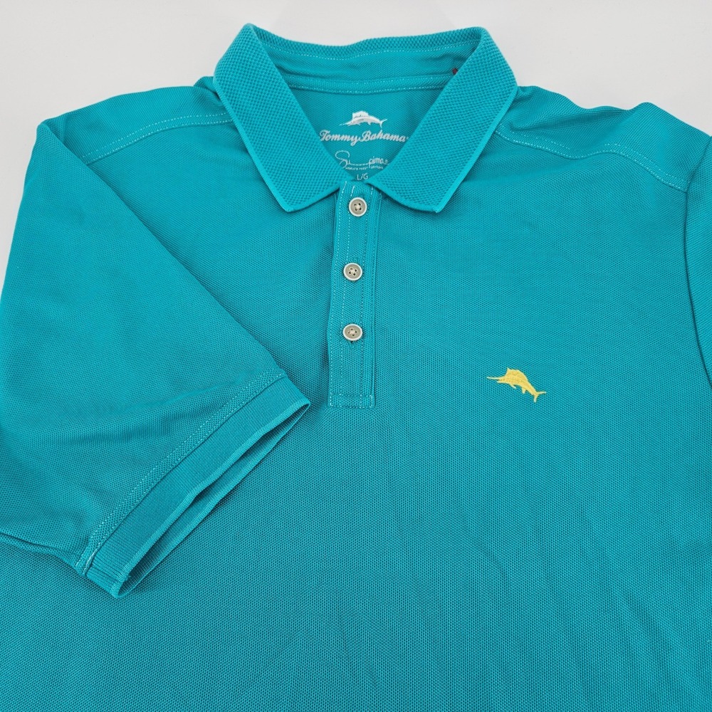 Tommy Bahama Mens Emfielder Polo Shirt Teal Blue Supima Cotton Blend Large